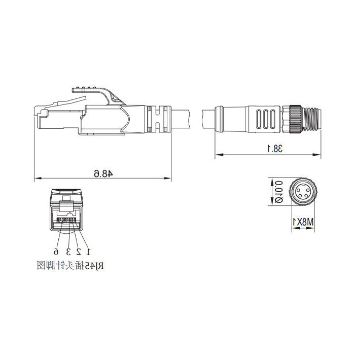 M8 4Pin 公头直型转RJ45公头直型、双端预铸PVC非柔性电缆、带屏蔽、绿色护套、0C3023-xxx