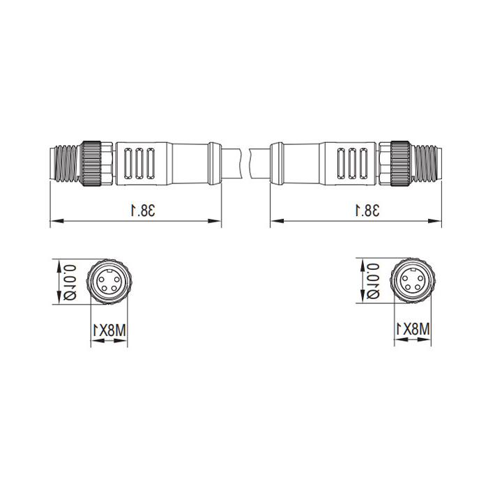 M8  4Pin 公头直型转公头直型、双端预铸PUR柔性电缆、带屏蔽、绿色护套、0C3001-xxx