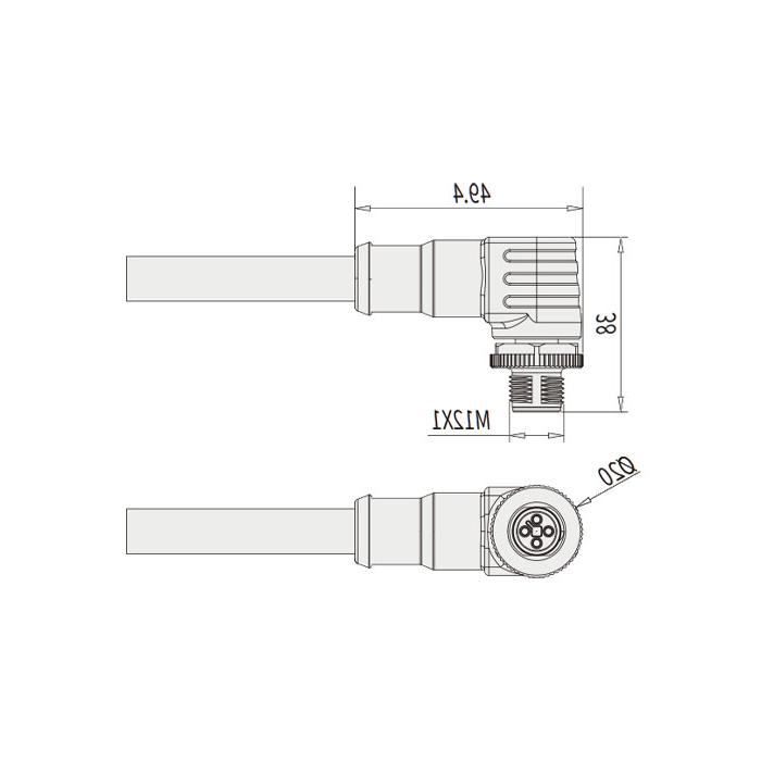 M12 4Pin T-coded、公头90°、单端预铸PVC非柔性电缆、灰色护套、64TP61-XXX