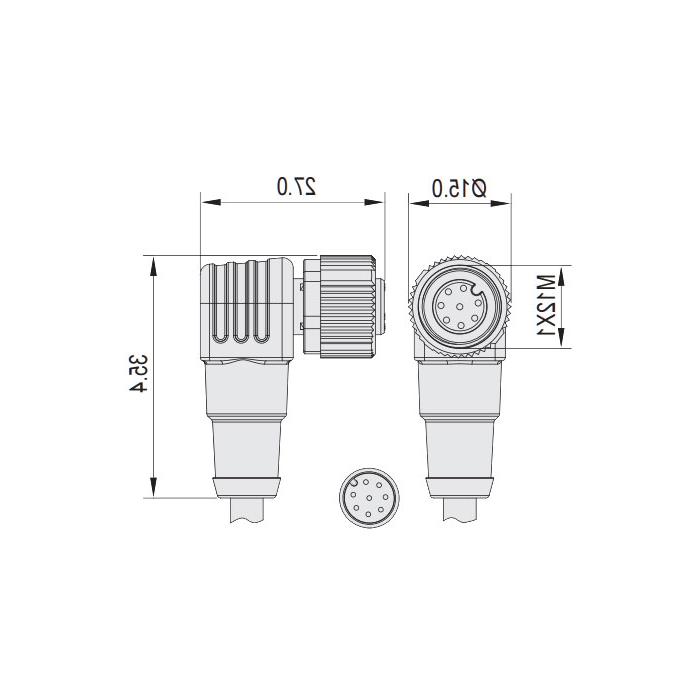 M12 8Pin、母头90°、单端预铸PVC非柔性电缆、灰色护套、64S345-XXX
