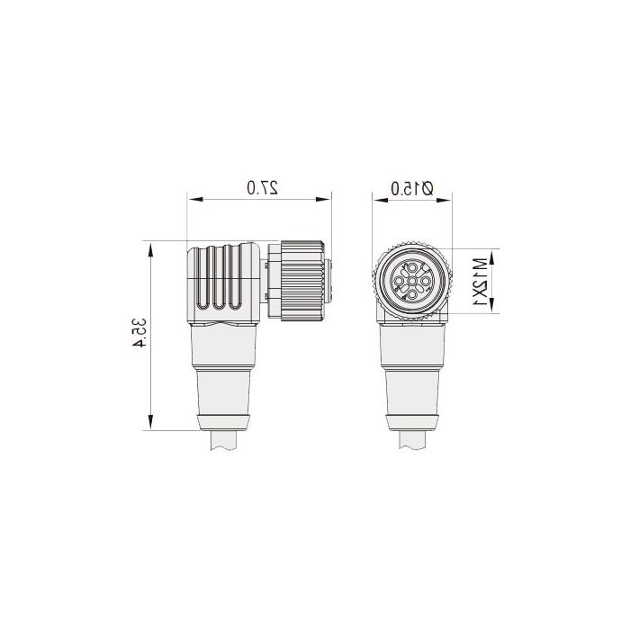M12 4Pin 母头90°、IP 69K-ECOLAB、食品级、单端预铸PVC非柔性电缆、灰色护套、64E043-XXX