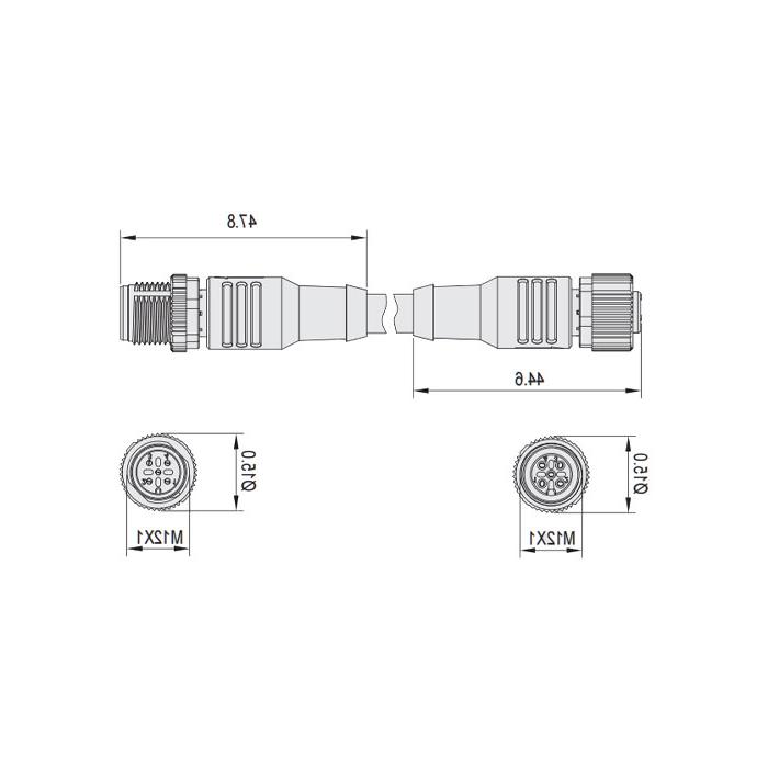 M12 5Pin、母头直型转公头直型、双端预铸PUR柔性电缆、黄色护套、64T531-XXX