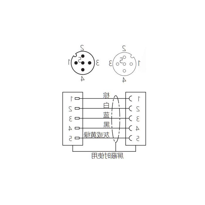 M12 5Pin、母头90°转公头直型、双端预铸PUR柔性电缆、黄色护套、64T551-XXX